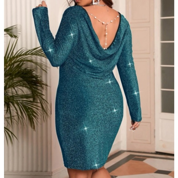 Luxe plus size teal blue pearls chains back party evening formal wedding dress - Picture 6 of 7